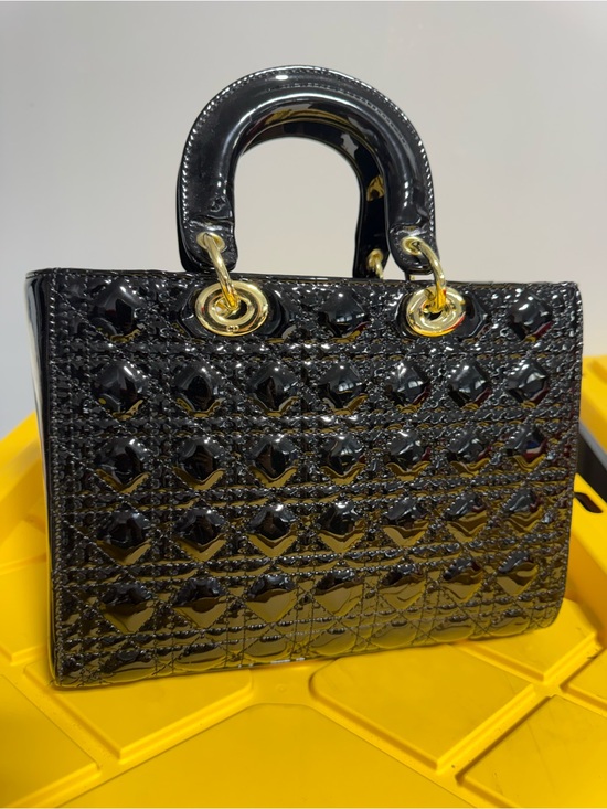 Handbags - Black Patent Quilted Top-Handle Bag with Gold Hardware